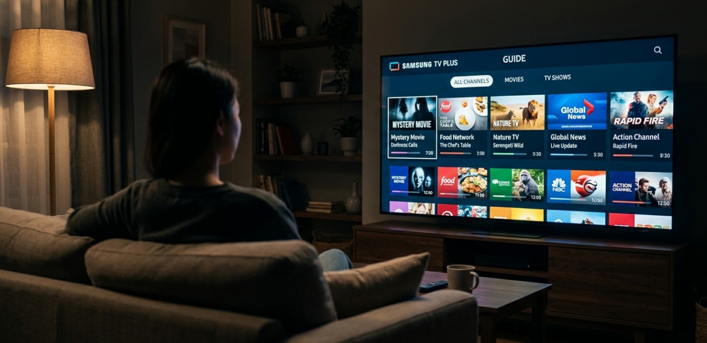 Samsung TV Plus를 시청하는 장면